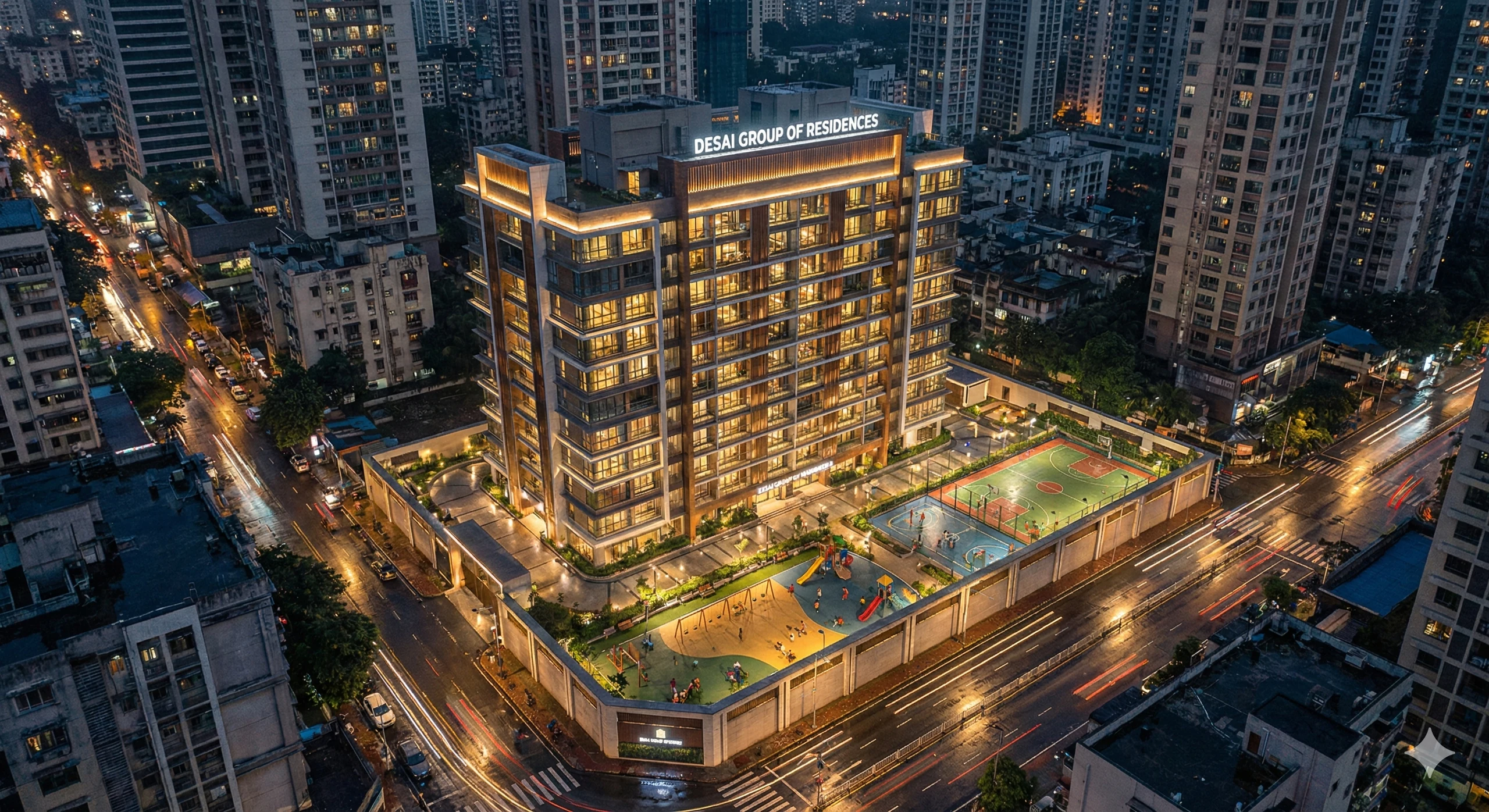 Luxury High-Rise Residential Tower at Night with Illuminated Recreation Courts